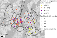 Karte der maximalen Lufttemperaturen während einer Hitzewelle in den Stadtbezirken von Karlsruhe.
